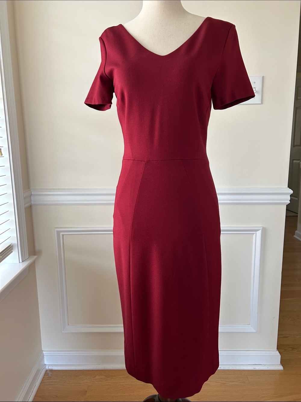 Brooks Brothers V-Neck Short Sleeve Midi Dress in Wine Red
